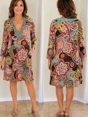 Joyous & Free Paisley Floral V-Neck Shift Dress Brown Base Turquoise & Cora Lg